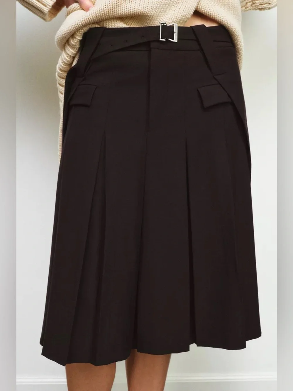 Zara Brosn Pleated Midi Skirt with Buckle Waist. POP
